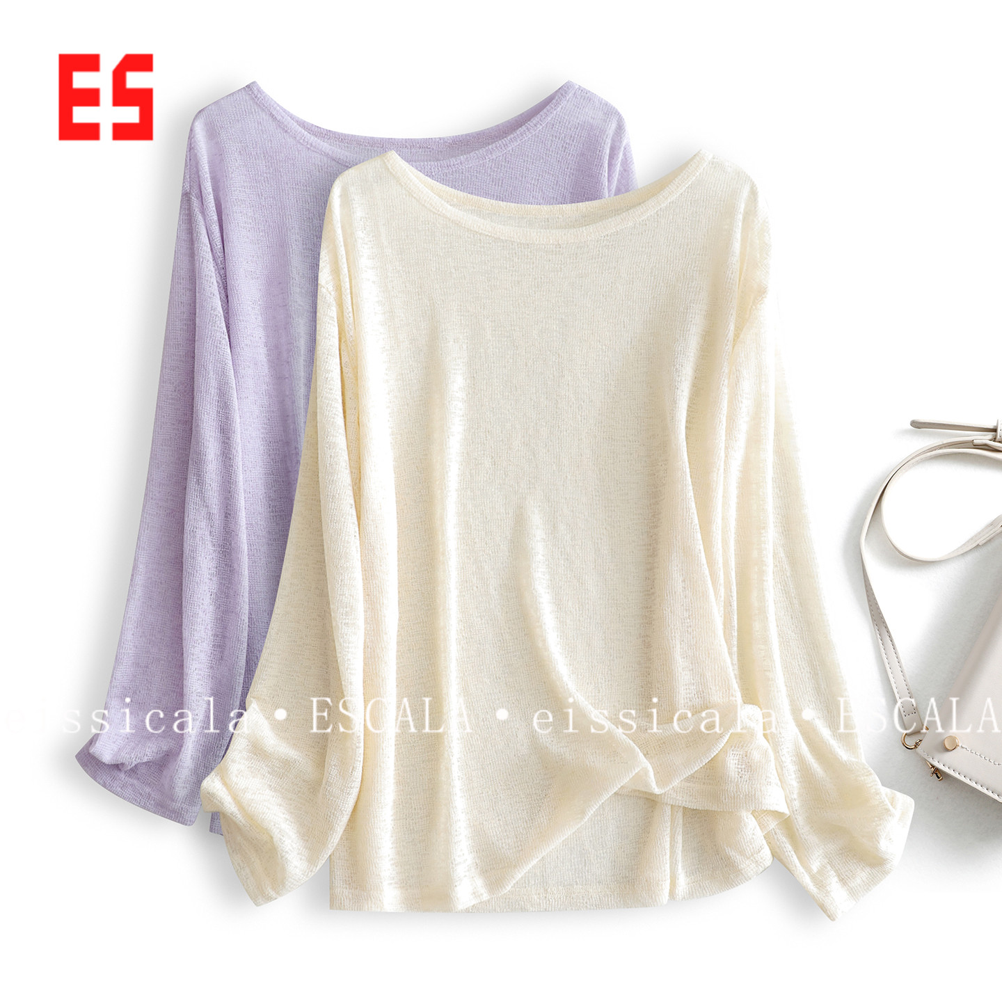 镂空肌理感 轻薄防晒一字领针织衫女早秋季宽松圆领长袖t恤上衣潮