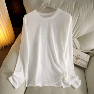 女宽松针织长袖 大厂货 轻薄罩衫 春季 t恤上衣潮 透视亲肤苎麻防晒衫