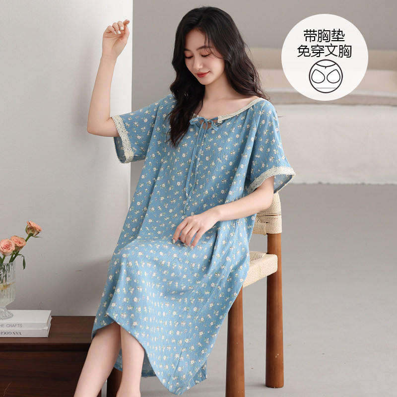 带胸垫睡裙女夏季纯棉夏款睡衣女睡裙