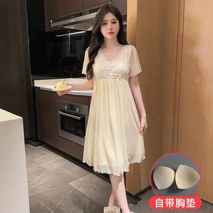 莫代尔女款 薄款 带胸垫睡裙女夏季 2025新款 宫廷风性感睡衣 短袖 大码