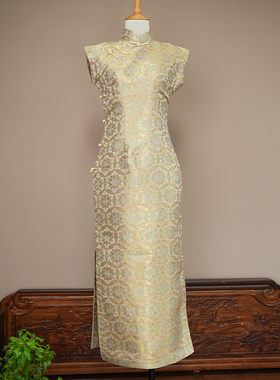 云锦百利 宋锦-陆美英-敦煌紫金宝相盘涤纹 黄色立领短袖盘扣旗袍