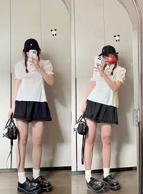 Komorebis 白色纯棉泡泡袖甜美短袖衬衫收腰显瘦