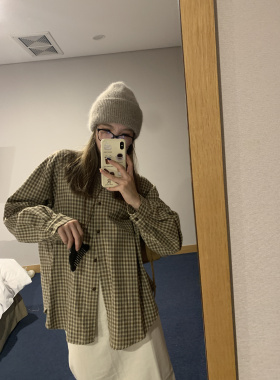 Komorebis 磨毛复古格子衬衫休闲宽松慵懒风韩范长袖衬衣内搭上衣