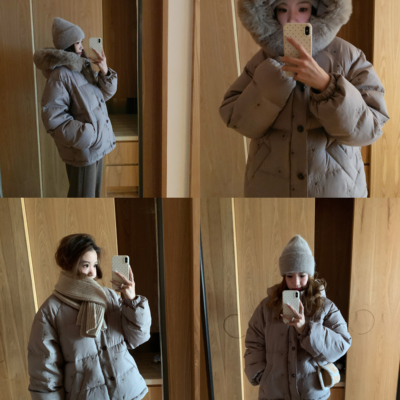 Komorebis 深燕麦色刺绣可拆卸大毛领90白鸭绒连帽立领羽绒服