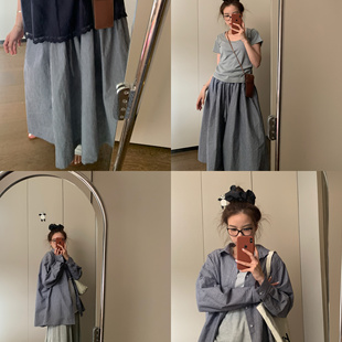 Komorebis藏蓝色条纹翻领长袖衬衫/蓬蓬半裙