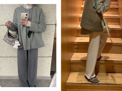 Komorebis仿羊绒竖条纹针织木耳边9分拖地裤直筒裤松紧腰