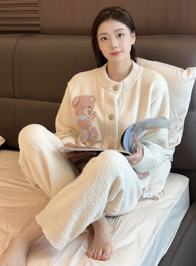 毛绒小熊半边绒睡衣圆领开衫套装