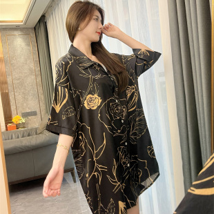 裙家居服 凉感性感气质衬衫 高级感黑金玫瑰冰丝睡裙女2026夏季 新款