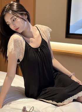 莫代尔睡裙带胸垫圆领吊带连衣裙