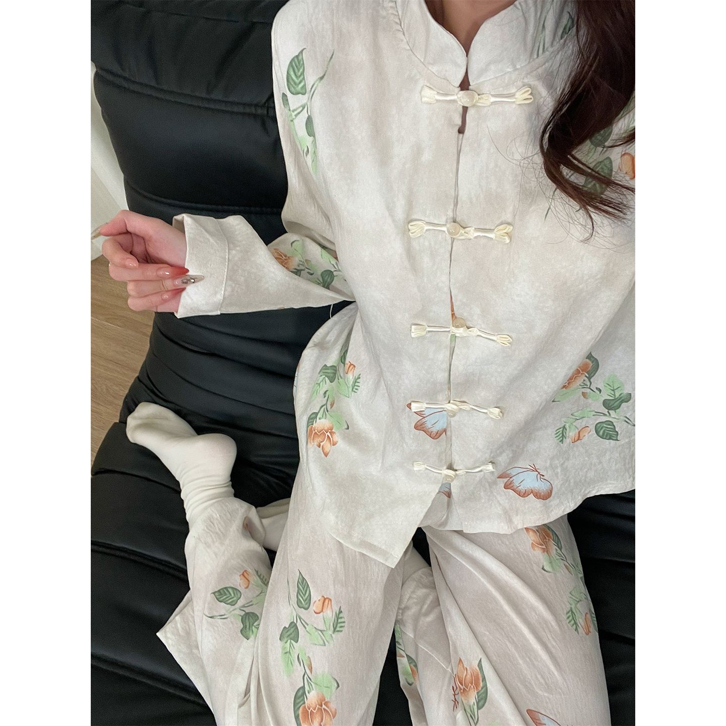 国风盘扣睡衣女带胸垫套装家居服