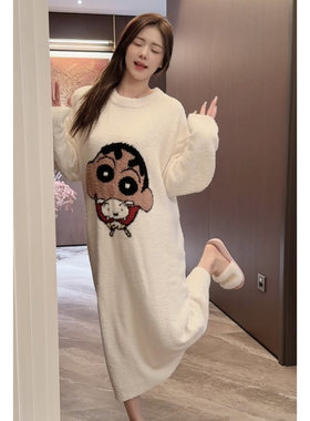 简约风半边绒卡通睡裙毛绒家居服