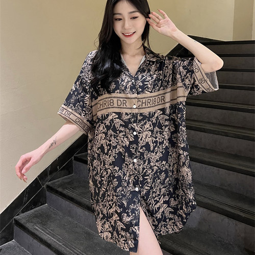 水墨花卉冰丝睡裙夏季薄款家居服