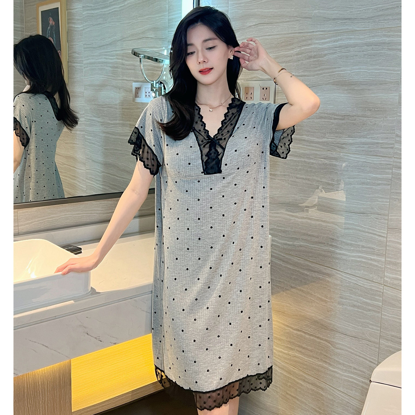 舒适莫代尔自带胸垫睡裙女夏季新款波点蕾丝花边可外穿睡衣家居服,女士内衣/男士内衣/家居服,睡裙,淘宝优惠券,粉丝福利购,淘宝优惠卷