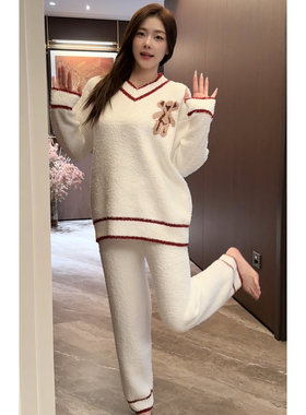 明星同款半边绒睡衣长袖毛绒套装