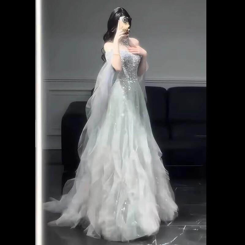 一字肩重工晚礼服女2025新款亮闪仙气订婚新娘晨袍晨拍结婚敬酒服