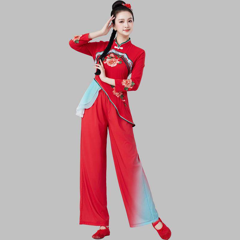 2025新款打鼓服装女迎亲队红色喜庆腰鼓舞蹈服扇子胶州秧歌演出服