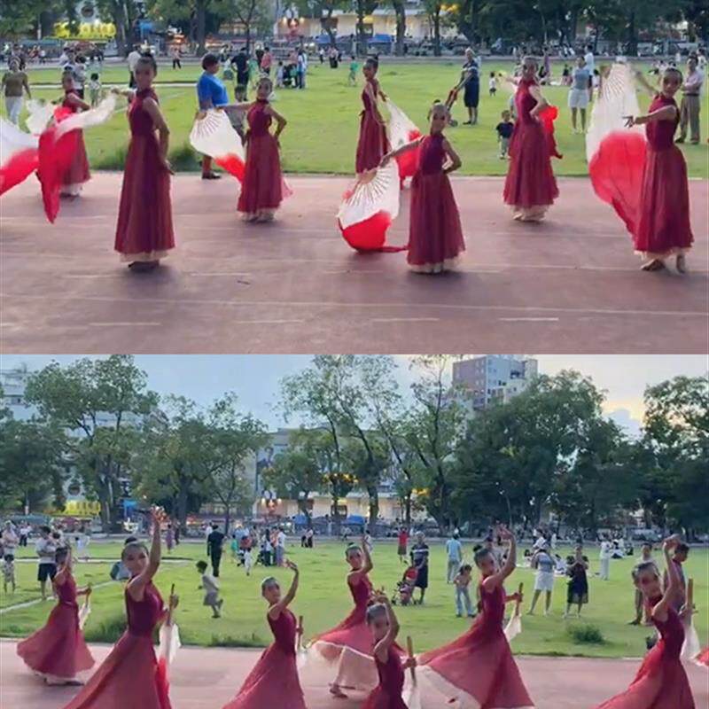 儿童古典舞大摆裙双层演出服扇子舞光亮舞蹈服万疆扇子舞现代舞红