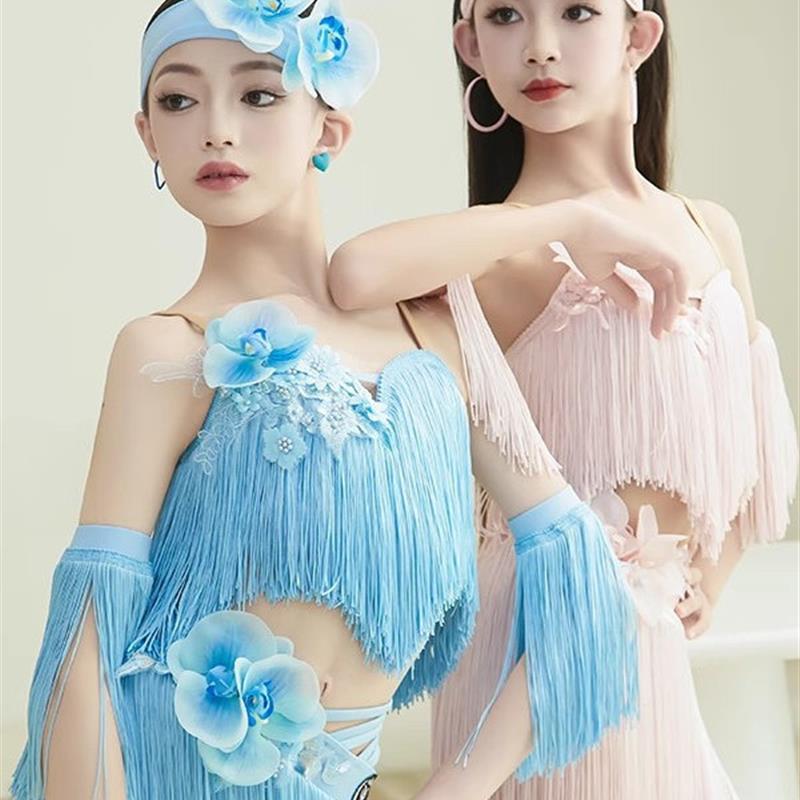 2025夏季女孩拉丁舞表演套装高端腰吊带分离花流苏裙表演