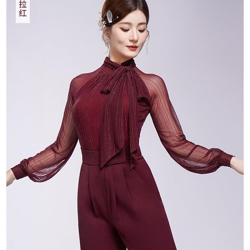 气质摩登舞服女成人秋冬新款长袖上衣舞蹈国标舞华尔兹训练练功服