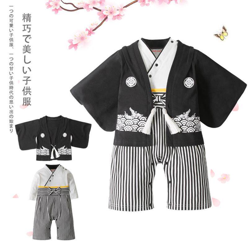 男童长袖婴儿连体衣服 黑色外套条纹哈衣两件套日式爬服印花和服