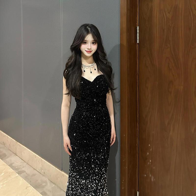 黑色闪闪晚礼服2025新款高端抹胸鱼尾裙主持人声乐艺考独唱演出服