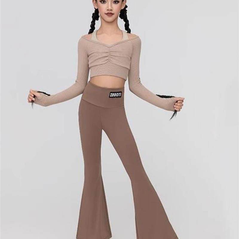 2025拉丁舞服女童秋冬季一字肩露脐长袖高腰喇叭裤分体练功比赛服,运动/瑜伽/健身/球迷用品,拉丁舞练习套装,淘宝优惠券,粉丝福利购,淘宝优惠卷