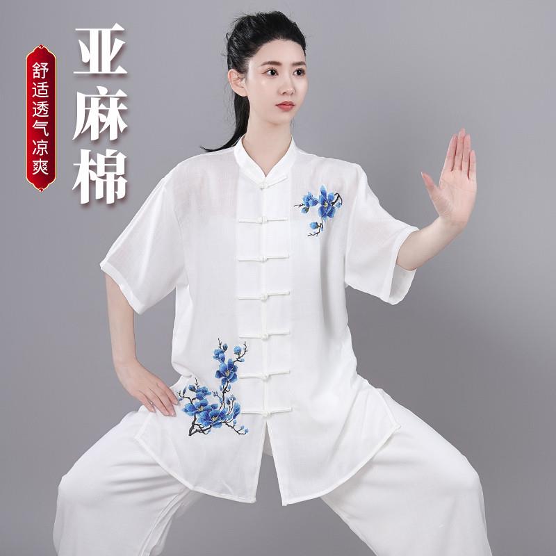 短袖新款侧兜夏季女士太极拳服亚麻棉绣花练功武术晨练表演服套装