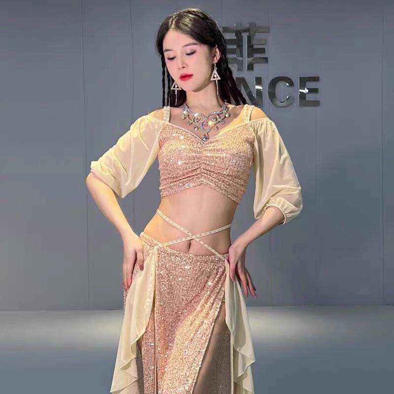 肚皮舞服装2024新款春季小众美人鱼网纱亮片练功习班服演出服套装