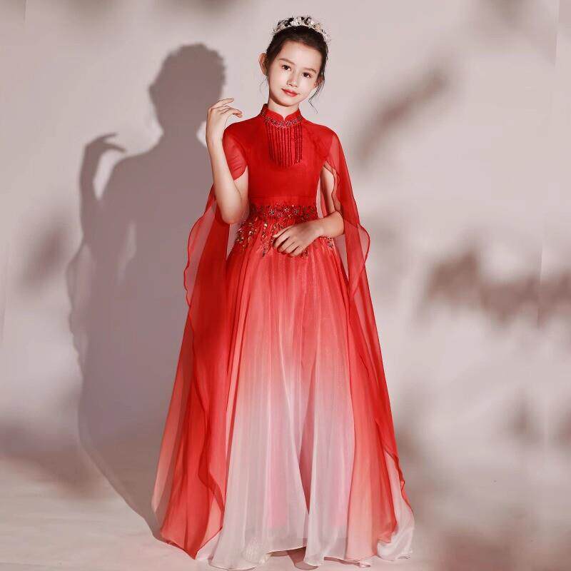儿童礼服高端女童弹古筝演出服中国风主持人民乐演奏艺古典考红色