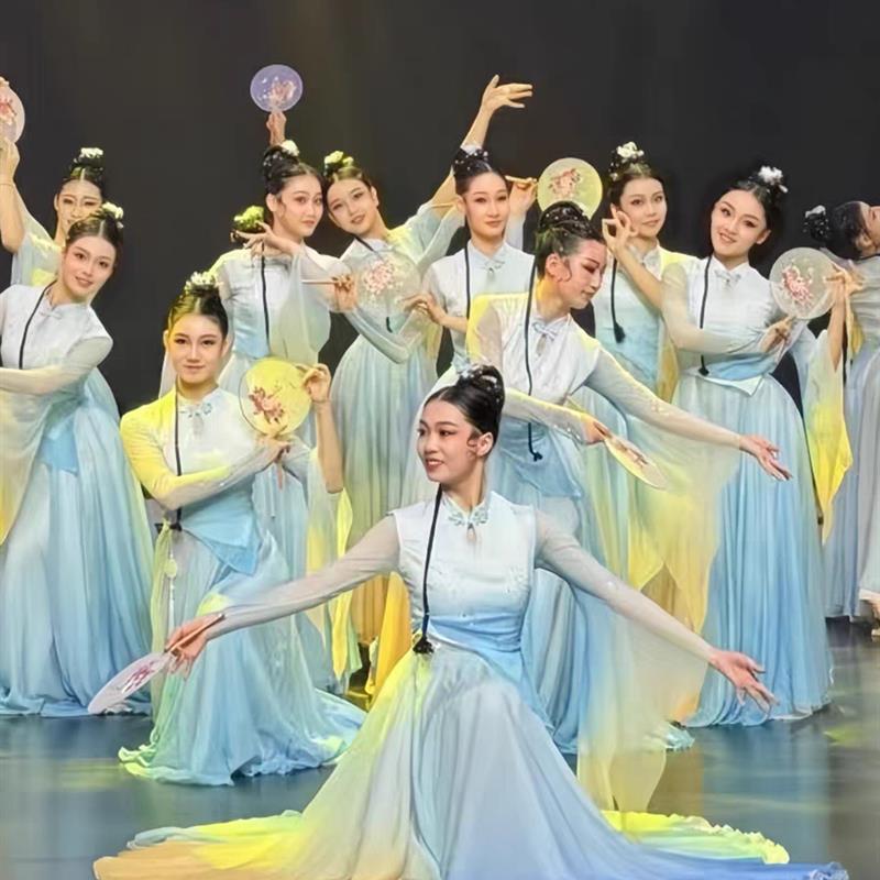 映月儿童舞蹈服表演古典舞飘逸大摆裙团扇舞群舞北湖水月演出服装