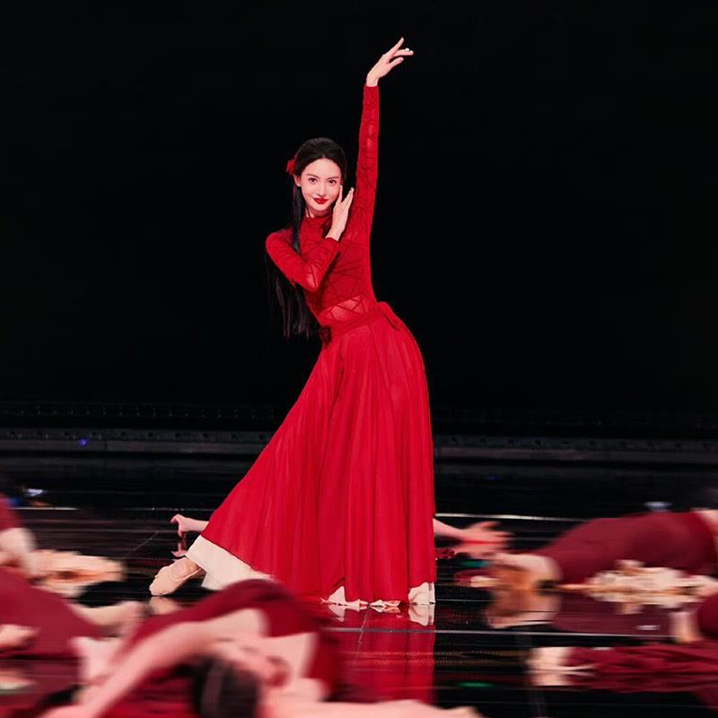 金晨卜挂舞蹈服古典纱衣女720度红色大摆裙演出服身韵练功艺考服