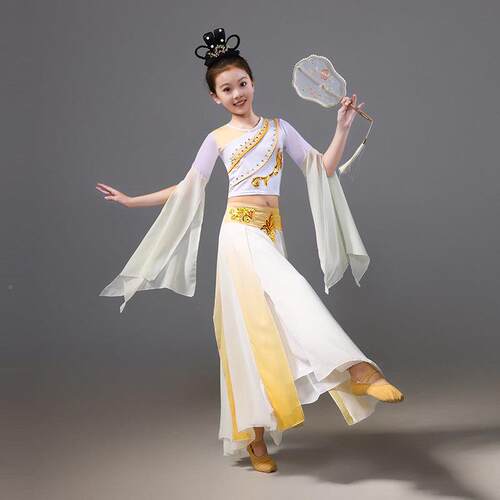 新款儿童古典舞演出服玉人舞IQP国风群舞蹈敦煌表演幼服儿团扇中