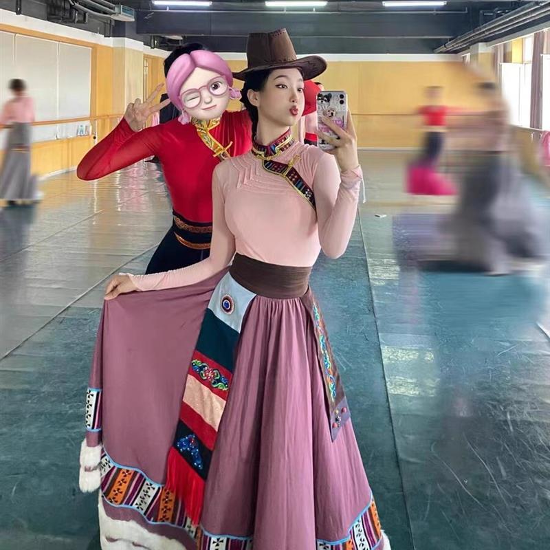 藏族舞蹈演出服装藏式少数民族女学生艺考舞蹈练习舞蹈半身长裙舞