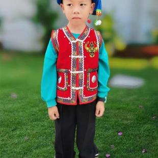 佤族儿童舞蹈演出服套装云南少数民族服饰红色马甲黑裤男童两件套