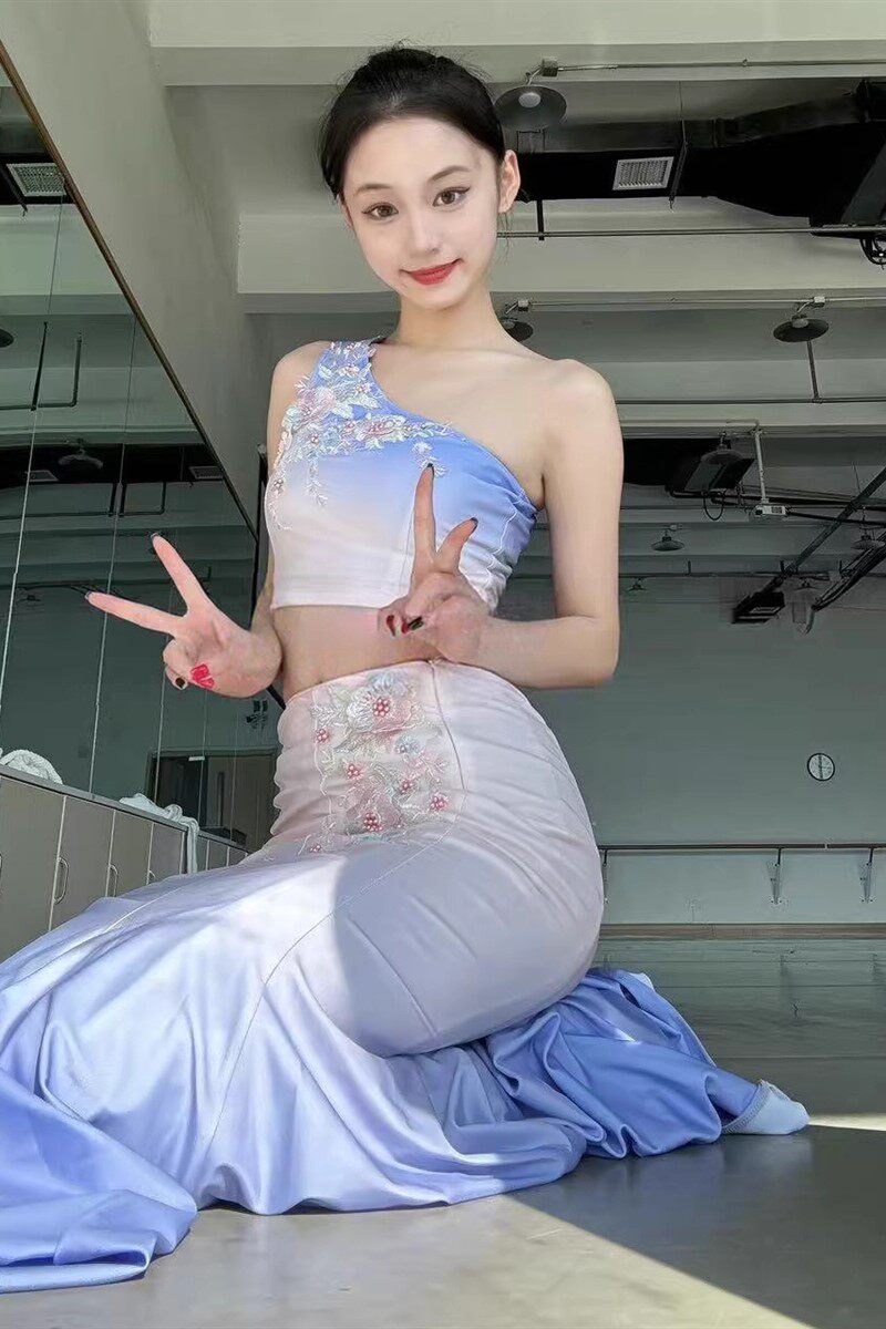傣族舞蹈演出服装女单肩鱼尾半身裙成人艺考儿童孔雀表演服练功裙