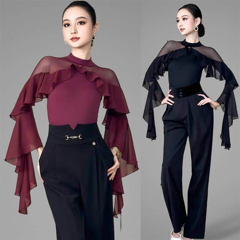 专业摩登舞服女成人秋冬新款长袖上衣拉丁舞华尔兹舞蹈演出练功服