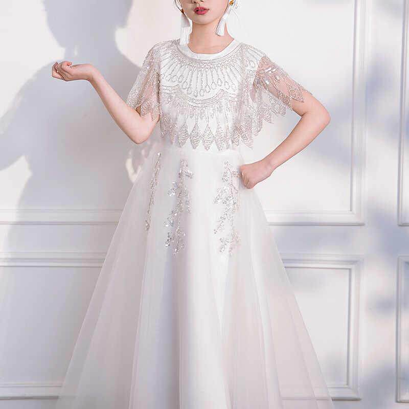 儿童古筝演出服女童舞台表演白色公主生日裙小主持人钢琴演奏礼服