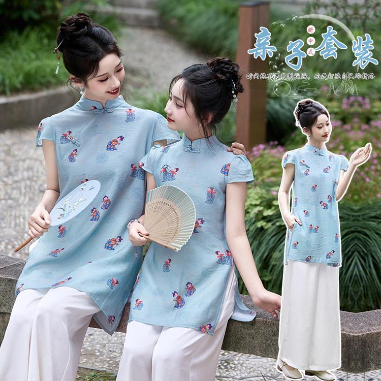 女童风套4961147装夏装中大童新中式旗国袍裙服女汉款中亲子装休