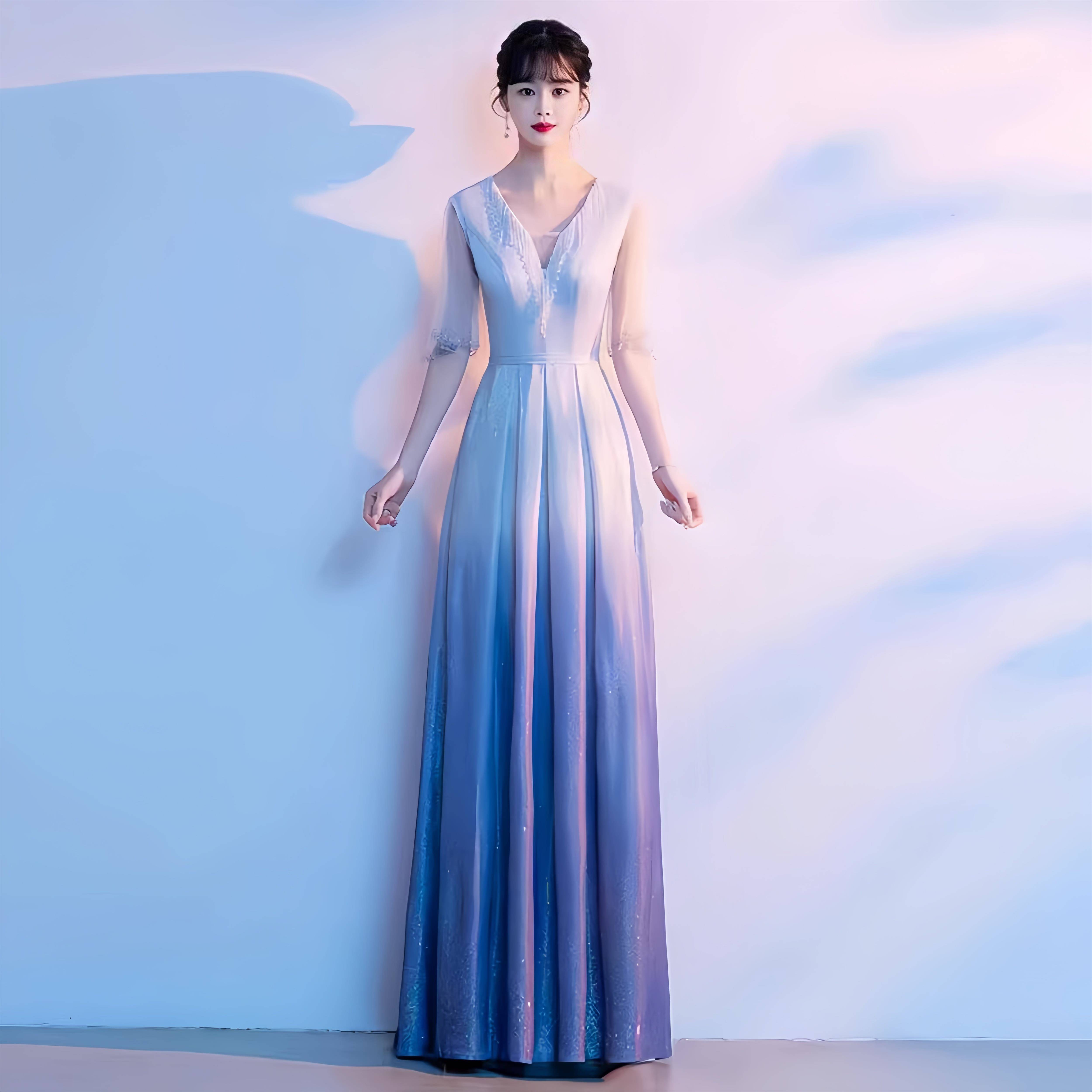 蓝色层渐大唱演出服女裙星空显瘦唱IWP长红歌合合唱比赛学生气质