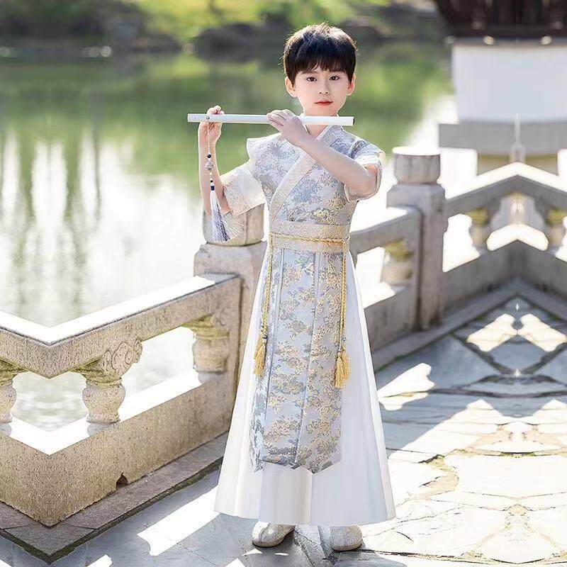 男童汉服夏季短袖薄款古装书童演出服侠客女童花木兰剑客飞鱼服