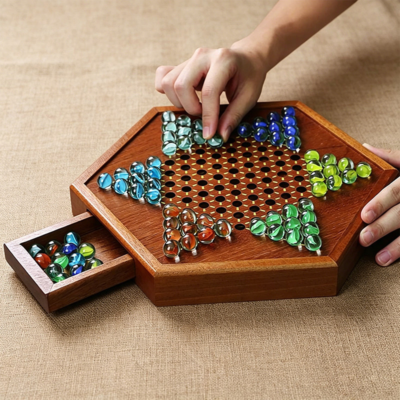 跳棋成人版玻璃珠儿童益智木质二合一棋盘大号亲子弹子玛瑙珠跳棋