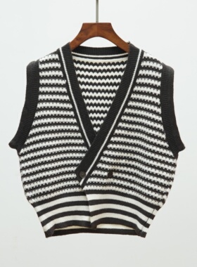589 2025新款韩版秋冬V领条纹针织马甲背心女士叠穿坎肩毛衣开衫