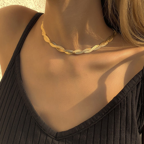 Women Double-Layered Snake Chain Link Choker Necklace