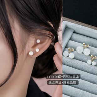 s999纯银和田玉耳钉螺丝拧扣女羊脂白玉小耳环2026新款爆款耳饰
