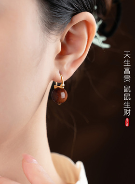 S925纯银紫金鼠耳环女水桶茶壶耳扣复古新中式耳饰天然菩提子耳坠
