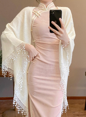 披肩春秋三角巾旗袍外搭针织手工流苏复古国风纯色坎肩女今年新款