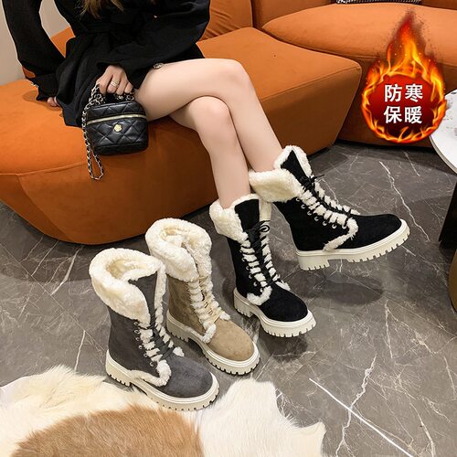 鞋小匠雪地靴增高新款设计时尚加厚冬季厚底加棉交叉绑带棉靴百搭