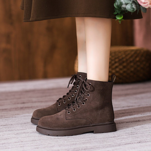 鞋小匠新款真皮靴子2026英伦风复古磨砂真皮女靴中跟软底不累脚