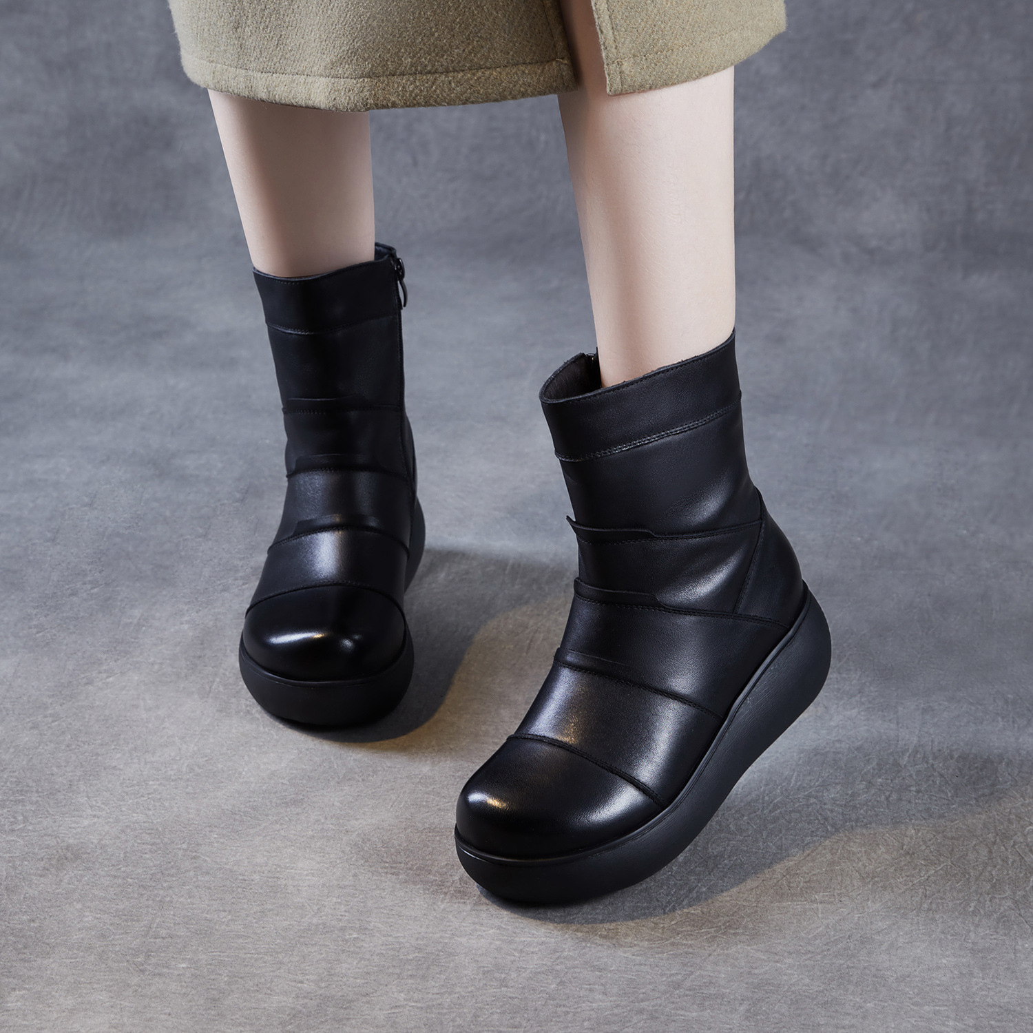 头层牛皮小鞋匠手工真皮坡跟短靴2025冬季加绒小个子增高显高百搭