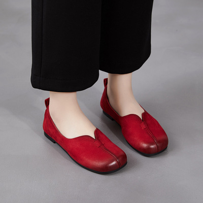 头层牛皮鞋小匠手工真皮软底软面真皮红色懒人鞋女2026春新款圆头